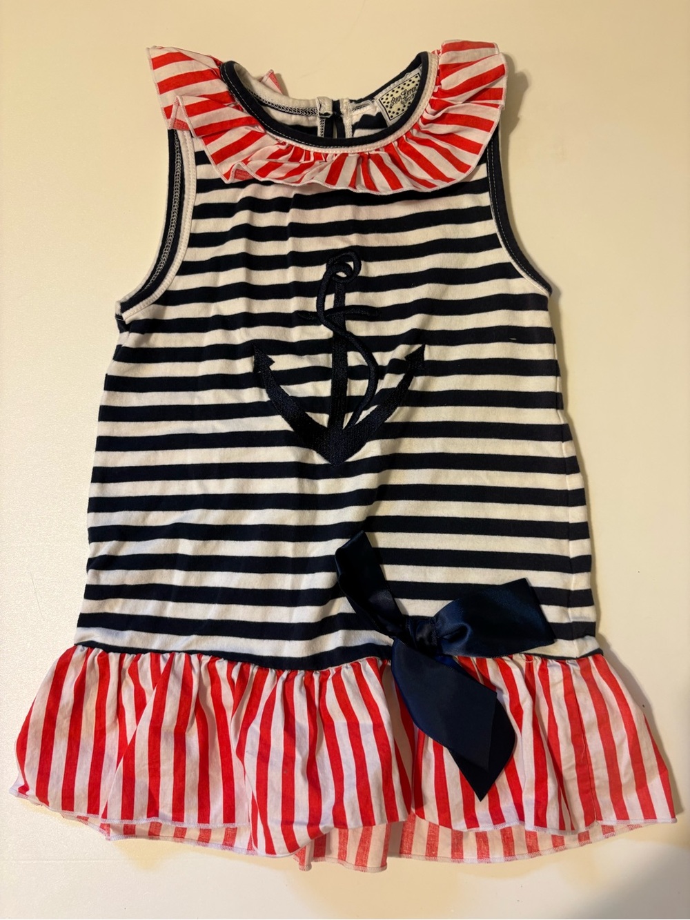 Ann Loren Navy and Red Striped Ruffle Neck Dress